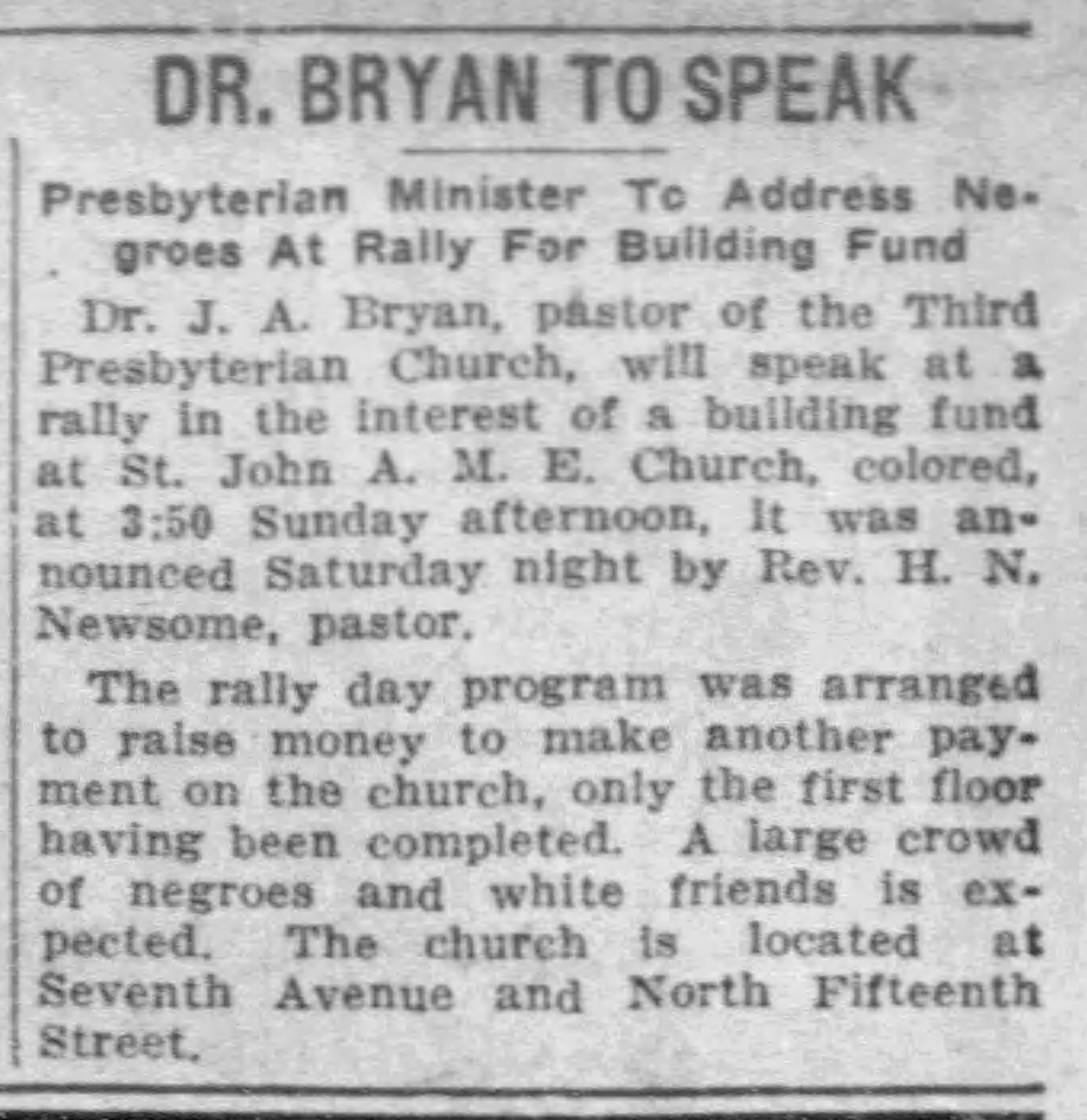 Dr. Bryan To Speak: Presbyterian Minister To Address Negroes At Rally For Building Fund